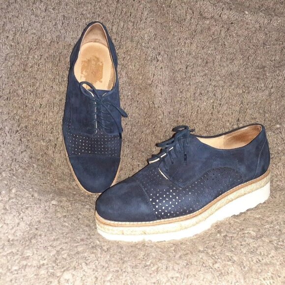 L'INTERVALLE-Spain-Perforated Blue Suede Espadrille Flatforms-Sz 7-Excellent - Picture 1 of 6